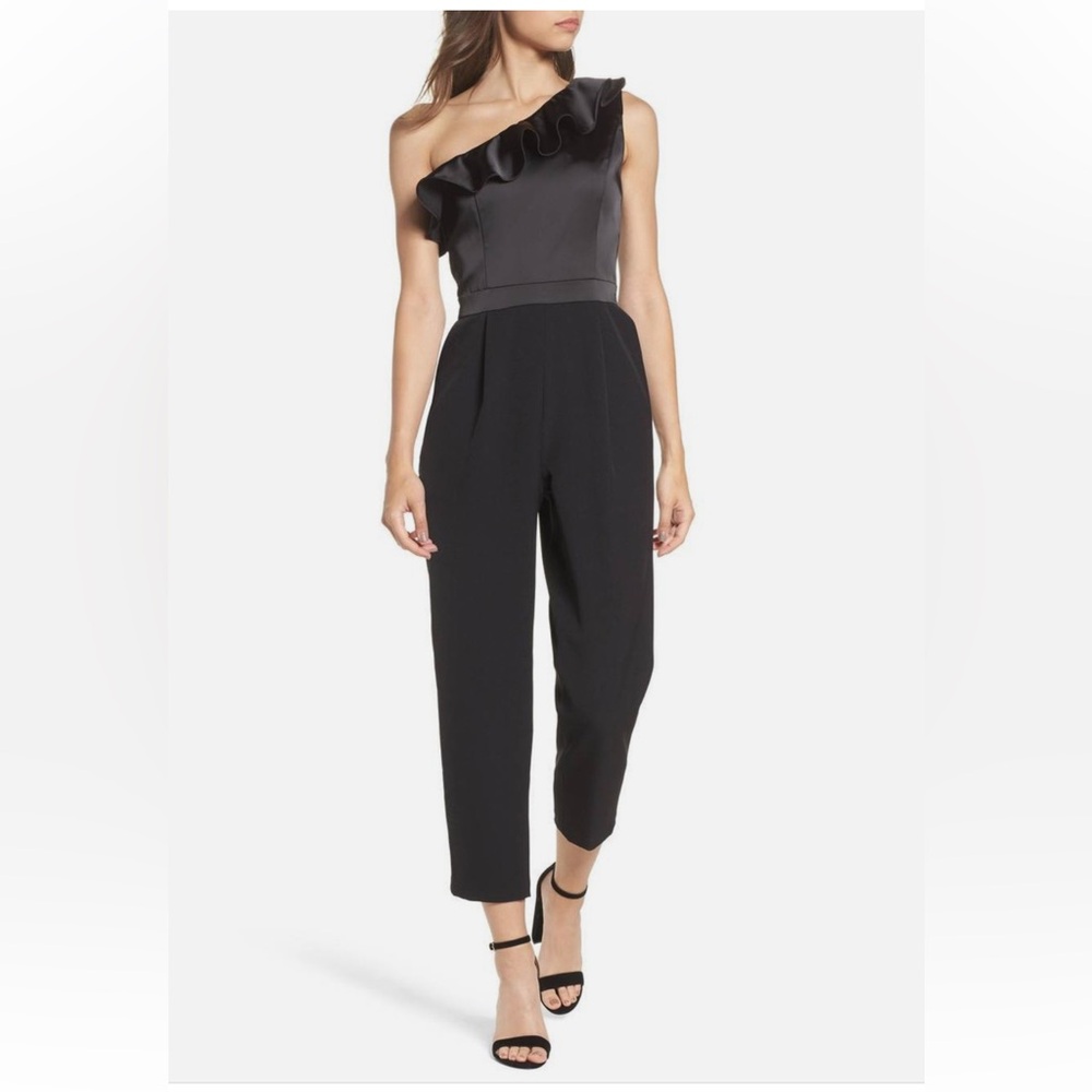 NWT Maggy London Black One-shoulder Ruffle Satin Jumpsuit Pantsuit Size 10